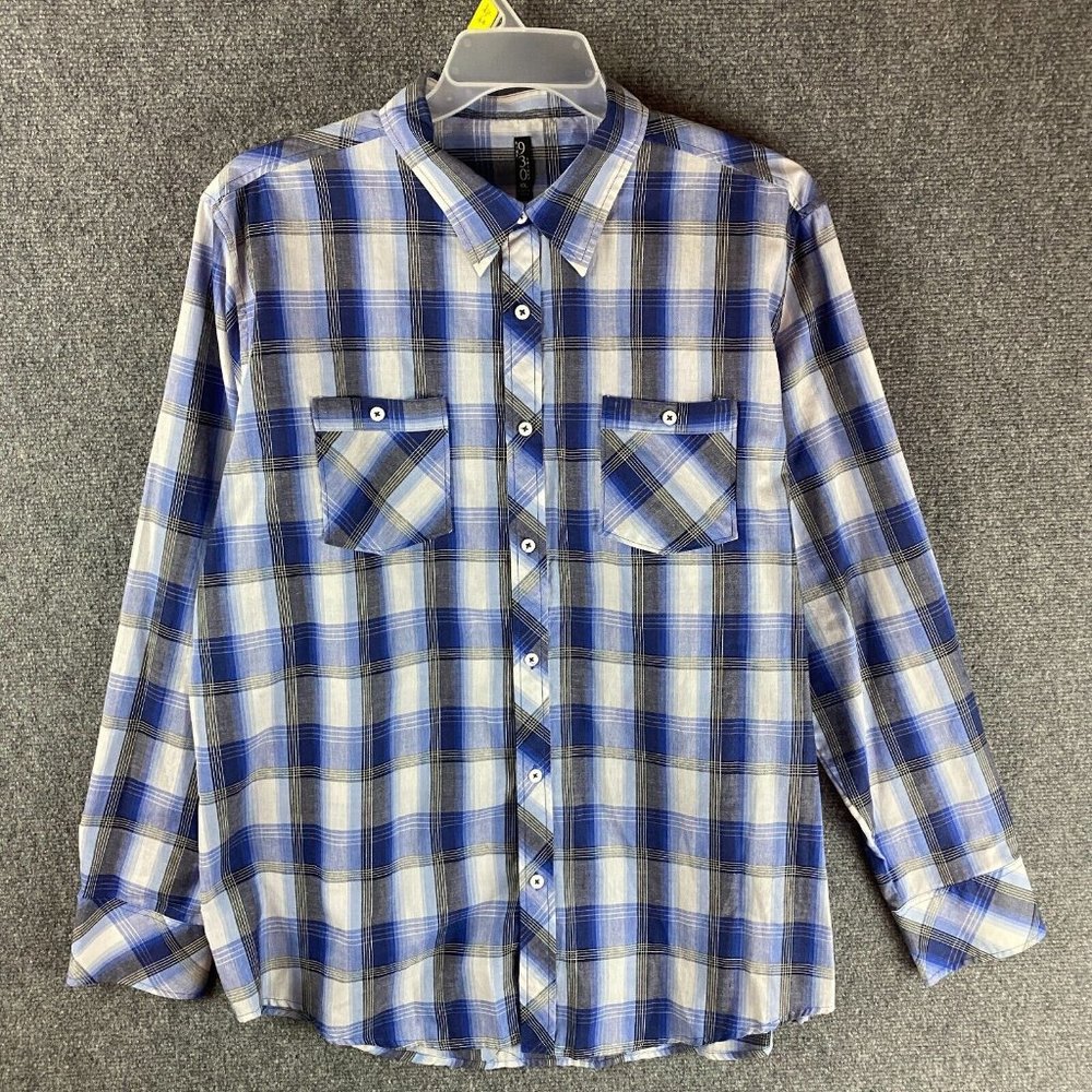 930 Long Sleeve Button Up Shirt XL Men's Plaid Blue Cotton Blend Adults